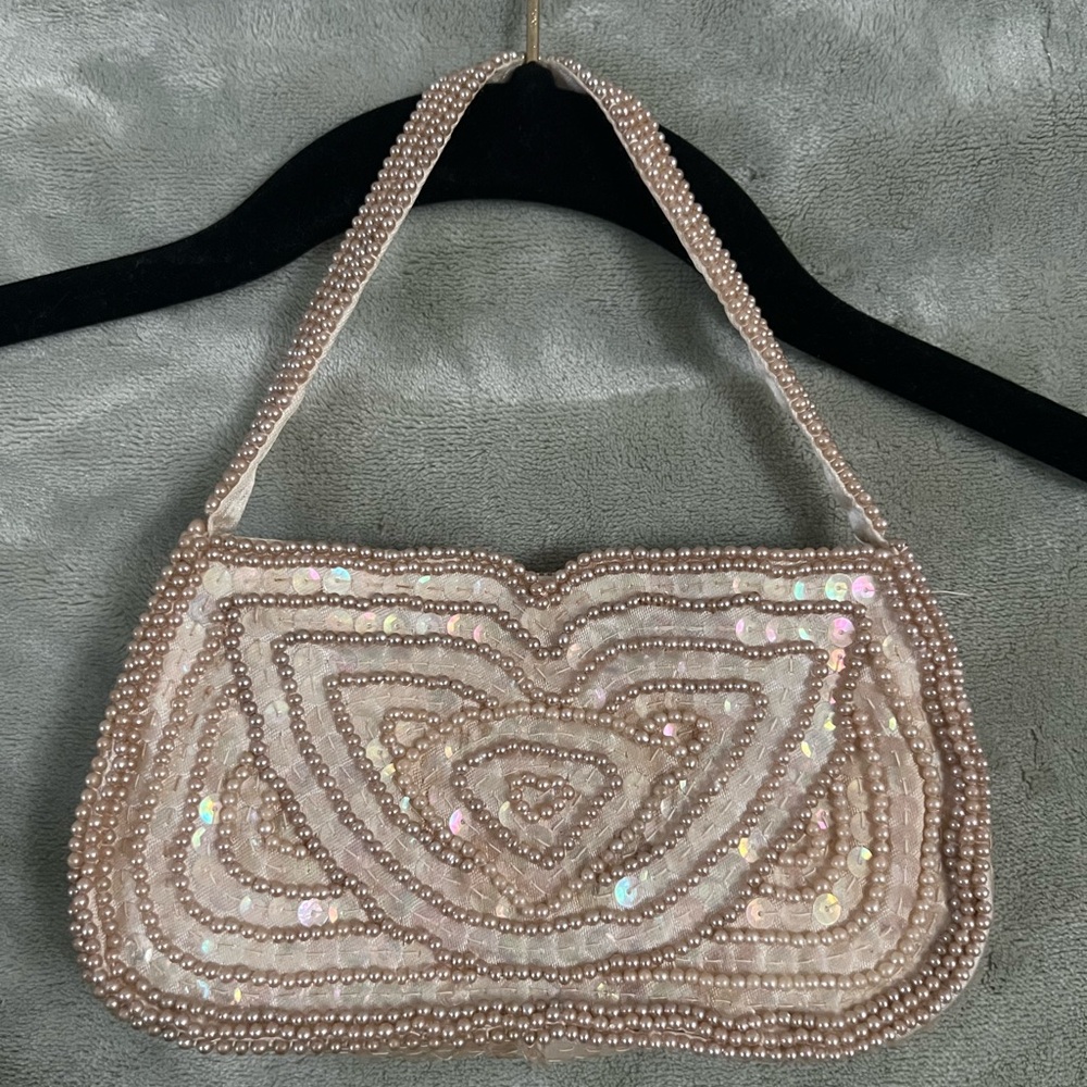 Vintage gold beaded and iridescent sequined mini cream purse
